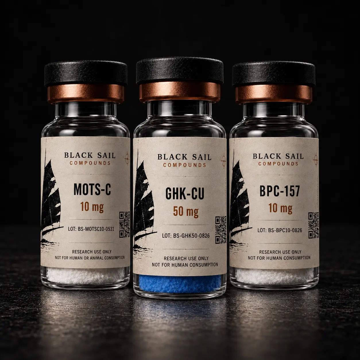 Black Sail MOTS-C 10 mg, GHK-Cu 50 mg, and BPC-157 10 mg research vials with black caps and copper bands.